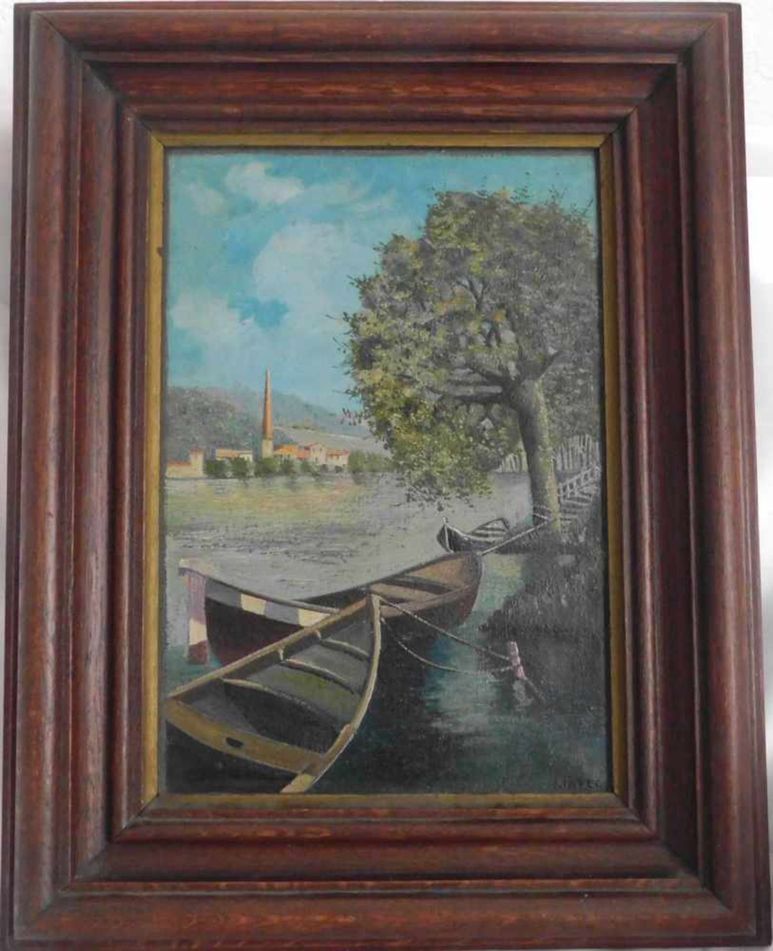 Erich Mayer, 1876- 1960, zugeschr., Paar Gemälde, Öl auf Leinwand, signiert, m.R.Boote am Ufer, - Bild 2 aus 9