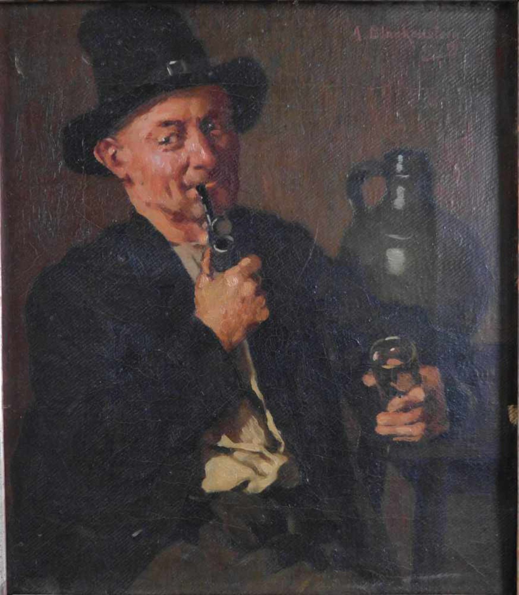August Blankenstein, 1876 Bochum - 1931 Düsseldorf, Weintrinker mit Pfeife, Öl auf Leinwand, - Bild 2 aus 5