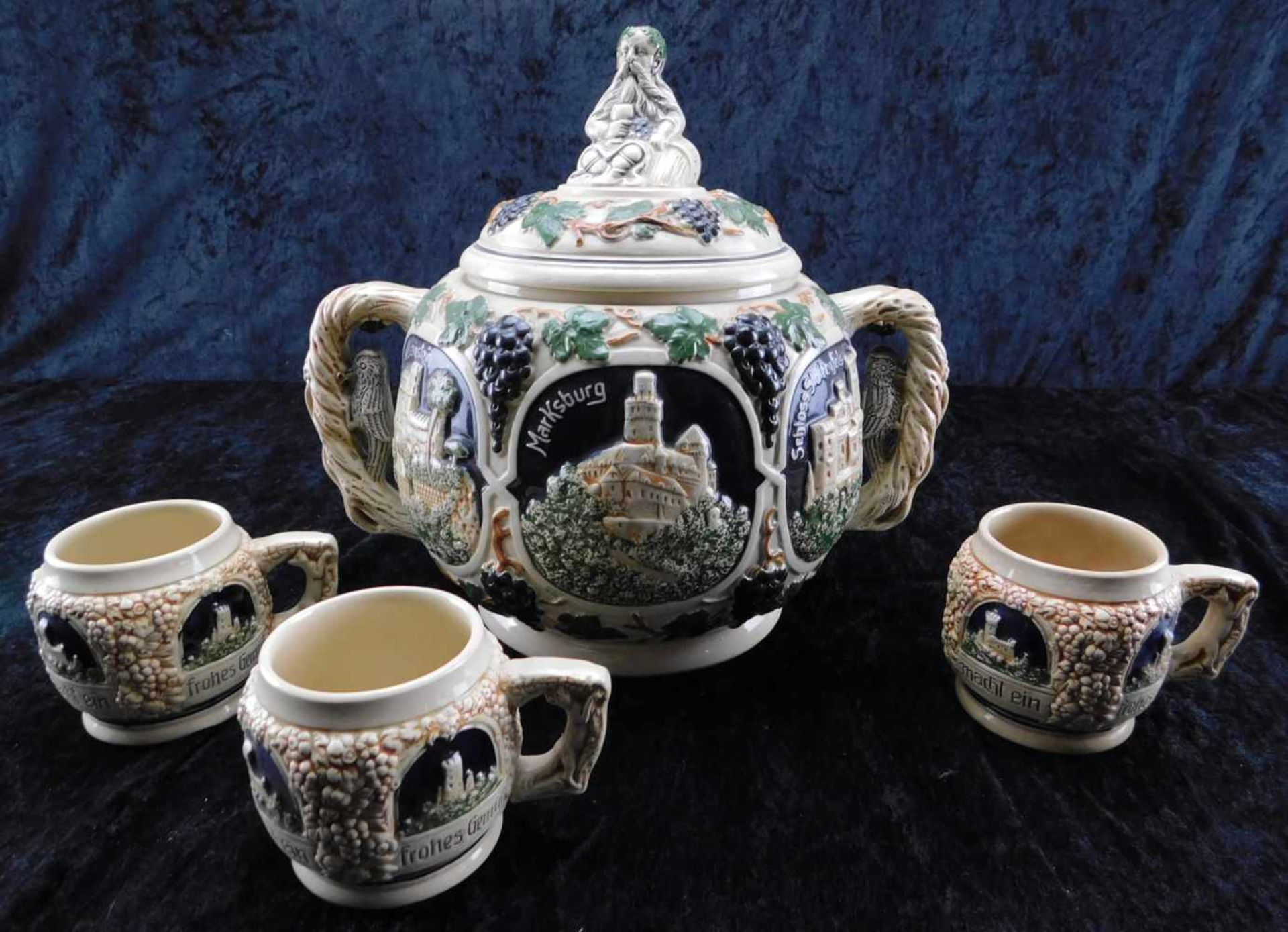 Bowlen - Set mit 3 Bechern, Keramik, Höhe Bowle 27 cm, deutsch, 2.H.20.Jhdt.- - -23.80 % buyer's