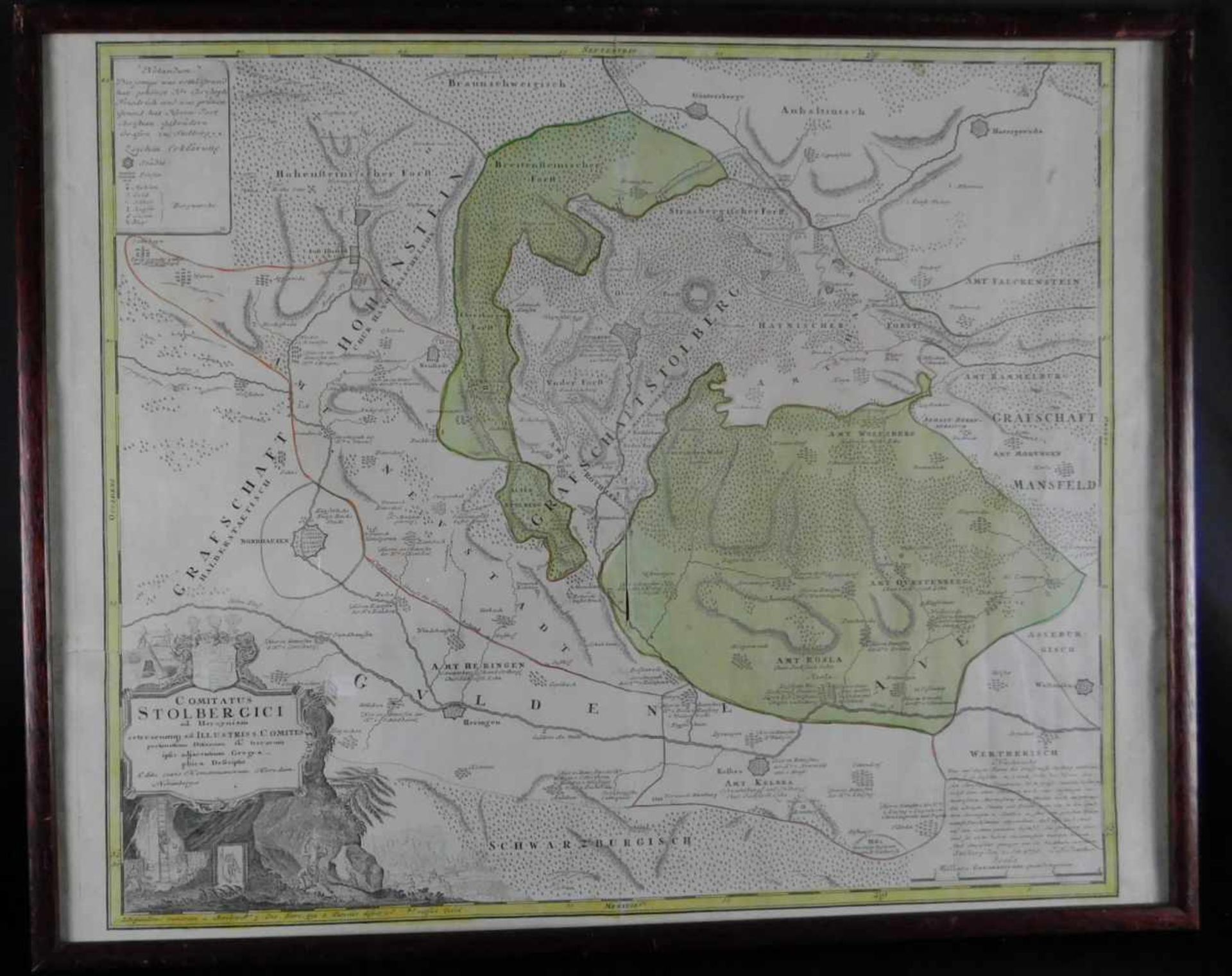 Landkarte, Grafschaft Stolberg, von 1736, gerahmt hinter Glas, Maße Höhe 49 cm und Breite 60 - Bild 2 aus 5