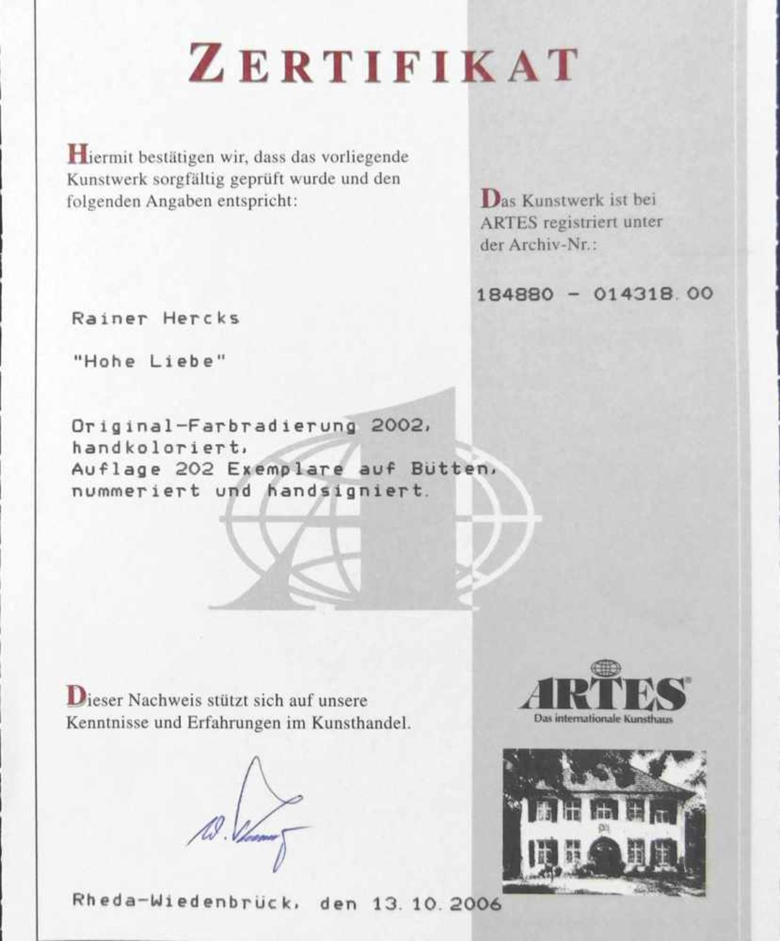 Rainer Hercks, Hohe Liebe, Farbradierung auf Bütten, 2002, handkoloriert, Nr. 41 von 202, m.R. - Bild 4 aus 4