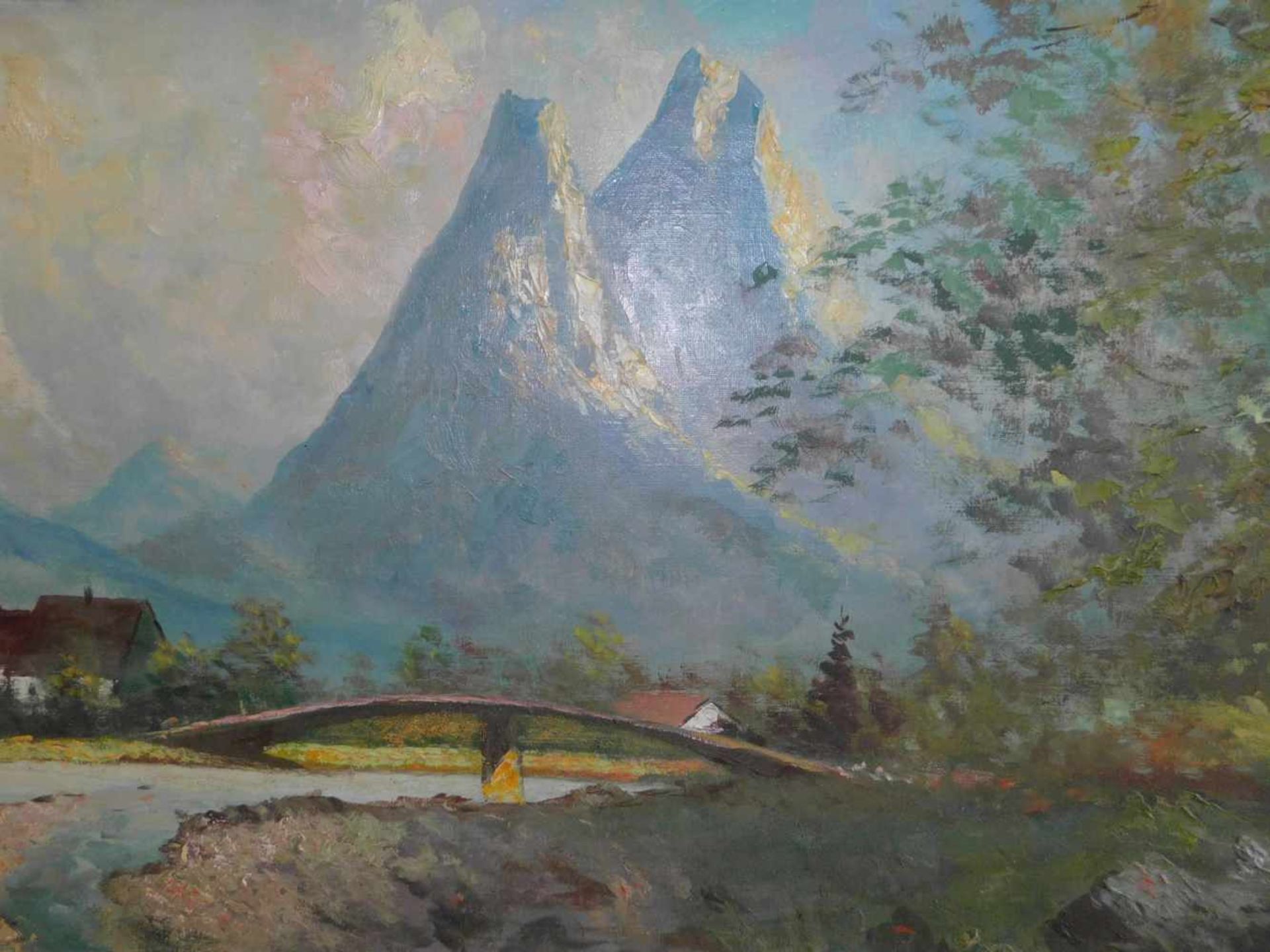 Unbek. Künstler, Blick auf Ramsau, großes Panorama, Öl auf Leinwand, signiert unten rechts, m.R.Maße - Bild 3 aus 6
