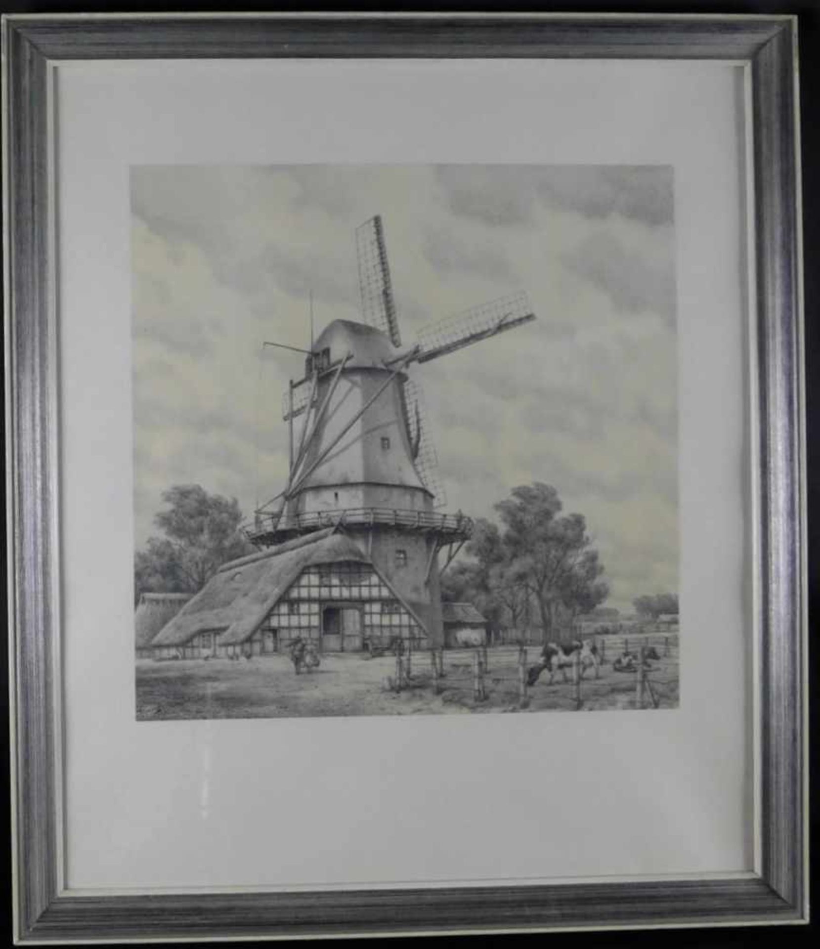 Paul Schmidt, Schweiz 1912 - 1983, Windmühle mit Personen u. Kühen, Zeichnung Bleistift auf