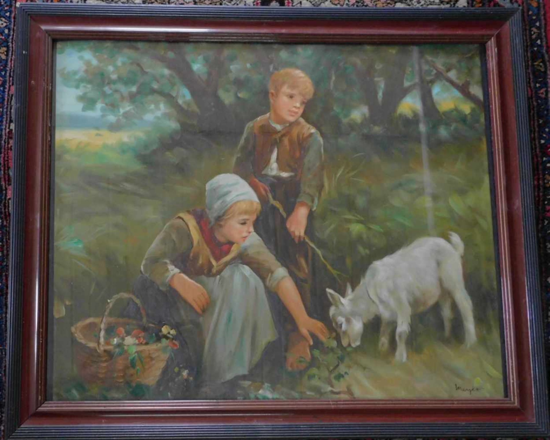 Meyer, Kinder mit Ziege, Öl auf Leinwand, signiert unten rechts, 1. H. 20. Jhdt., m.R.hinter Glas,