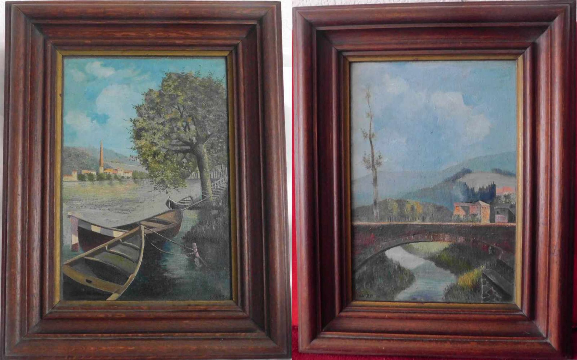 Erich Mayer, 1876- 1960, zugeschr., Paar Gemälde, Öl auf Leinwand, signiert, m.R.Boote am Ufer,