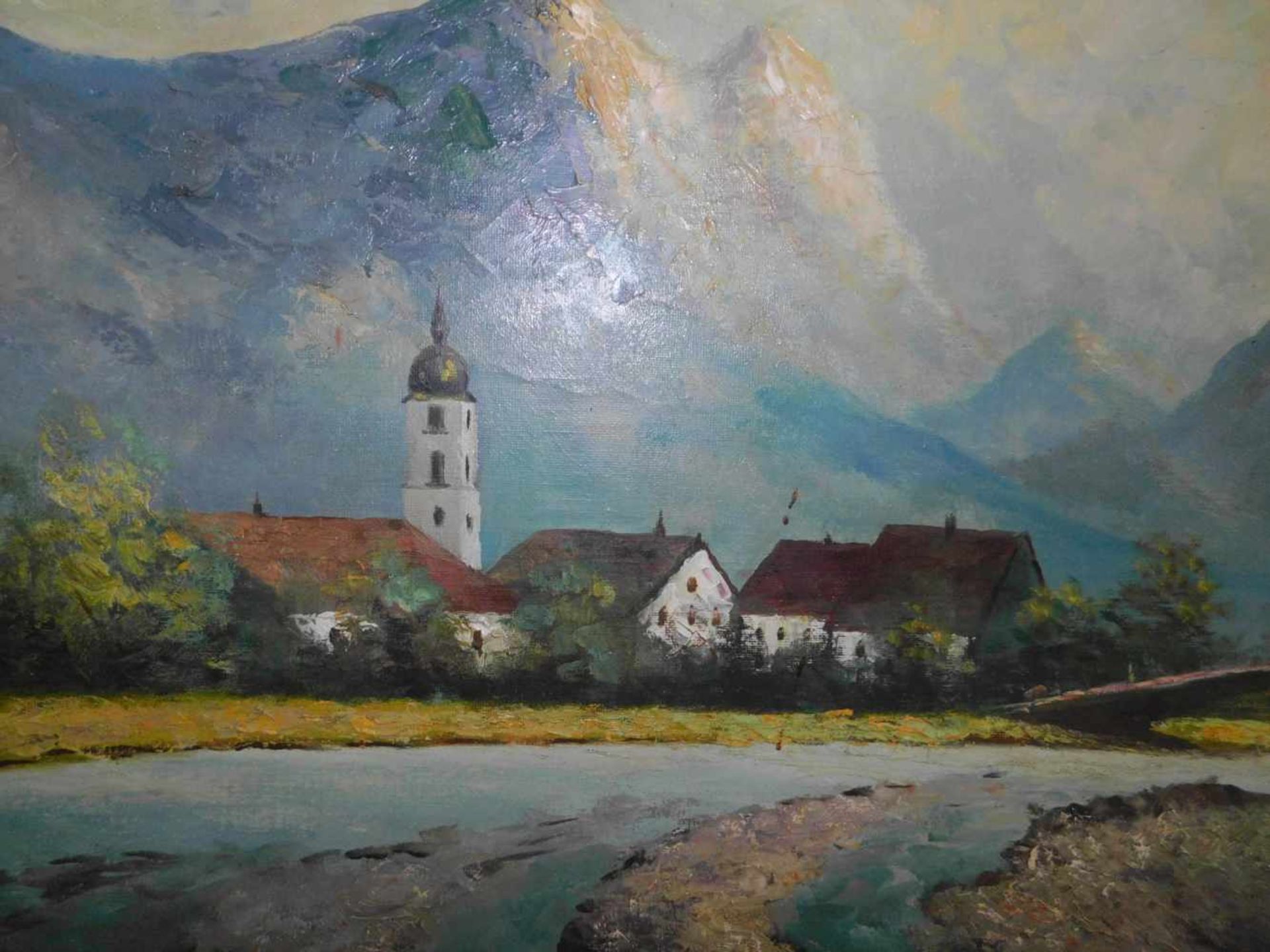 Unbek. Künstler, Blick auf Ramsau, großes Panorama, Öl auf Leinwand, signiert unten rechts, m.R.Maße - Bild 4 aus 6