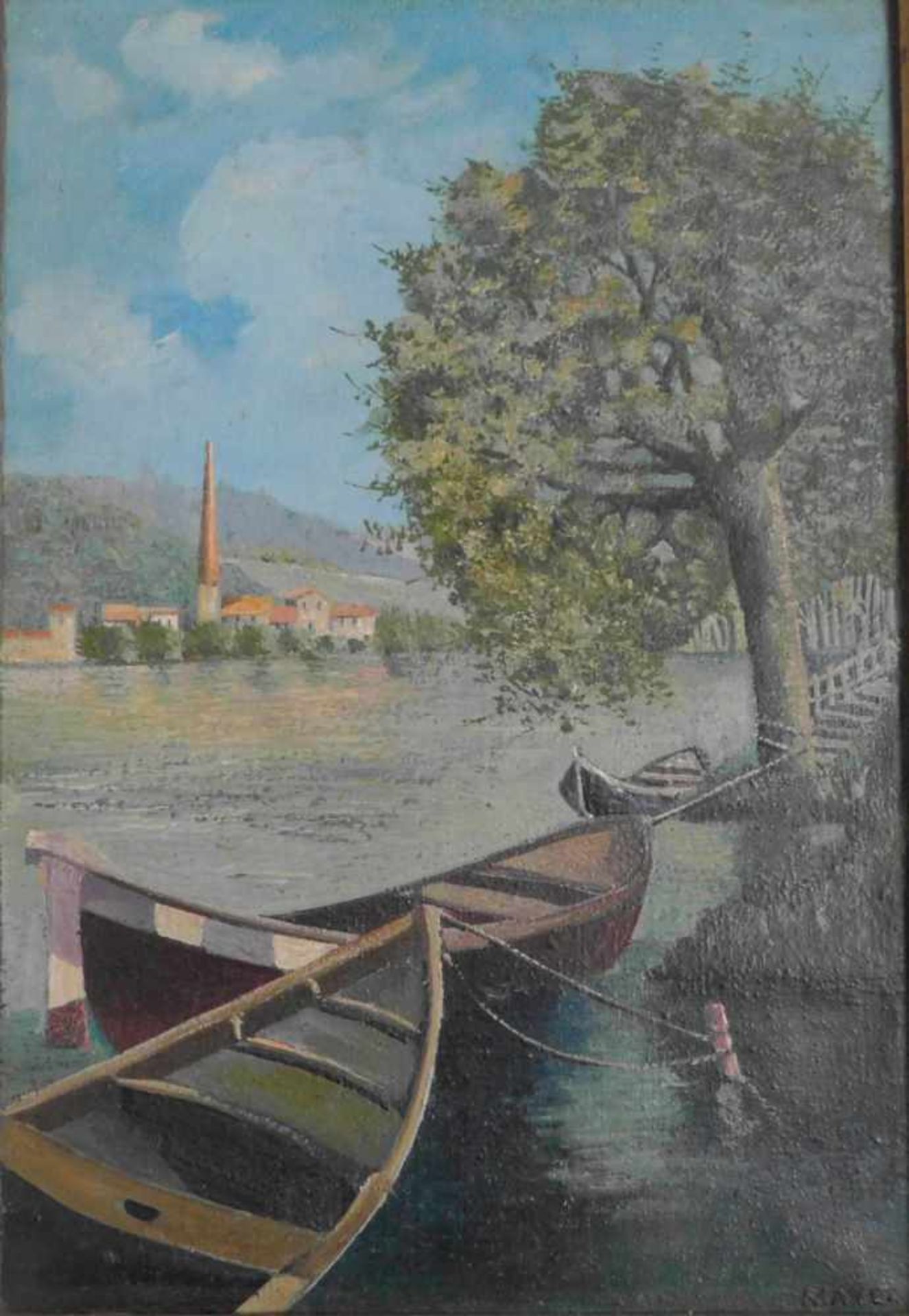 Erich Mayer, 1876- 1960, zugeschr., Paar Gemälde, Öl auf Leinwand, signiert, m.R.Boote am Ufer, - Image 3 of 9