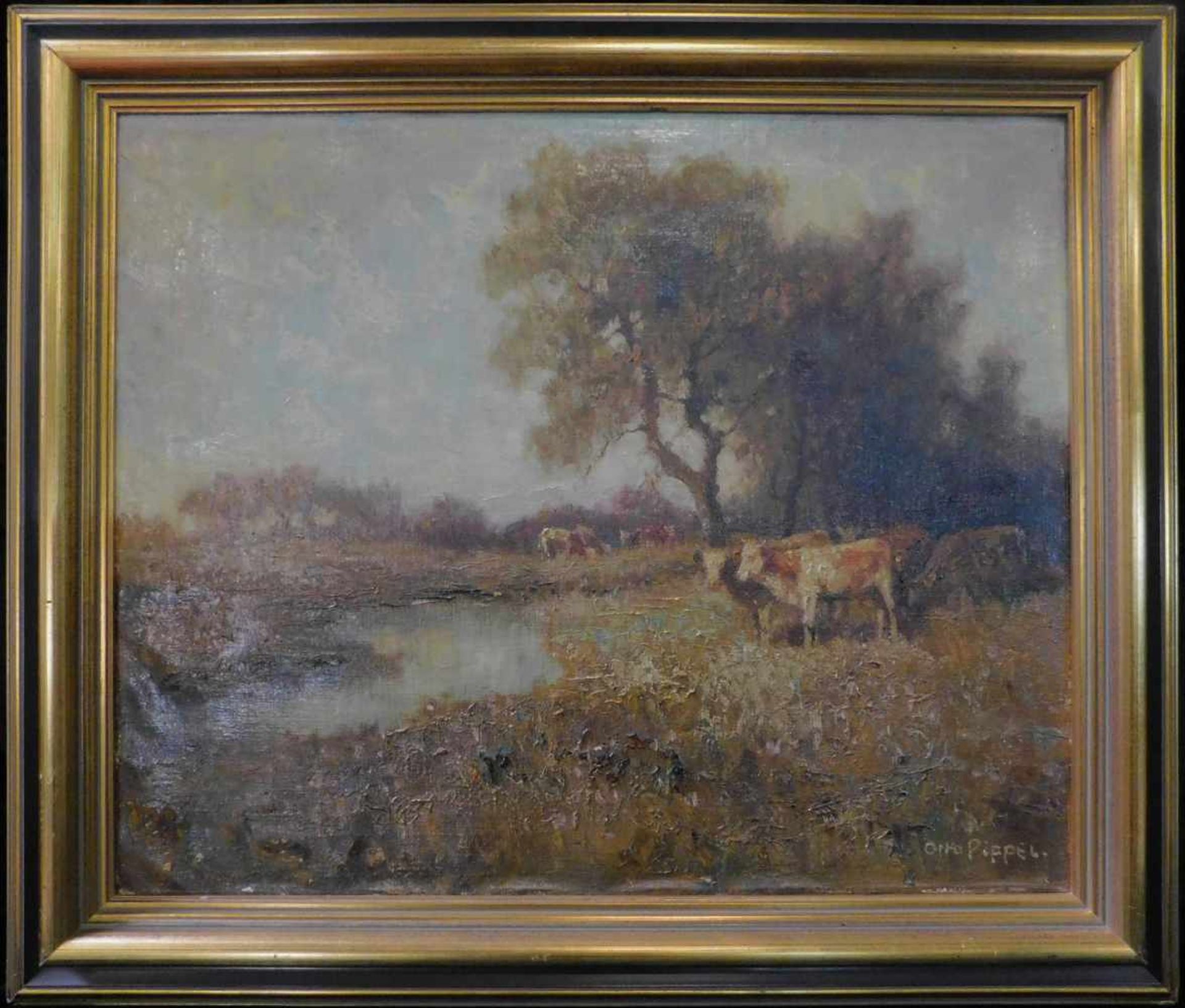 Otto Eduard Pippel, Lodz 1878 - 1960 Planegg/München, Kühe am Wasser, Öl auf Leinwand, m.R.