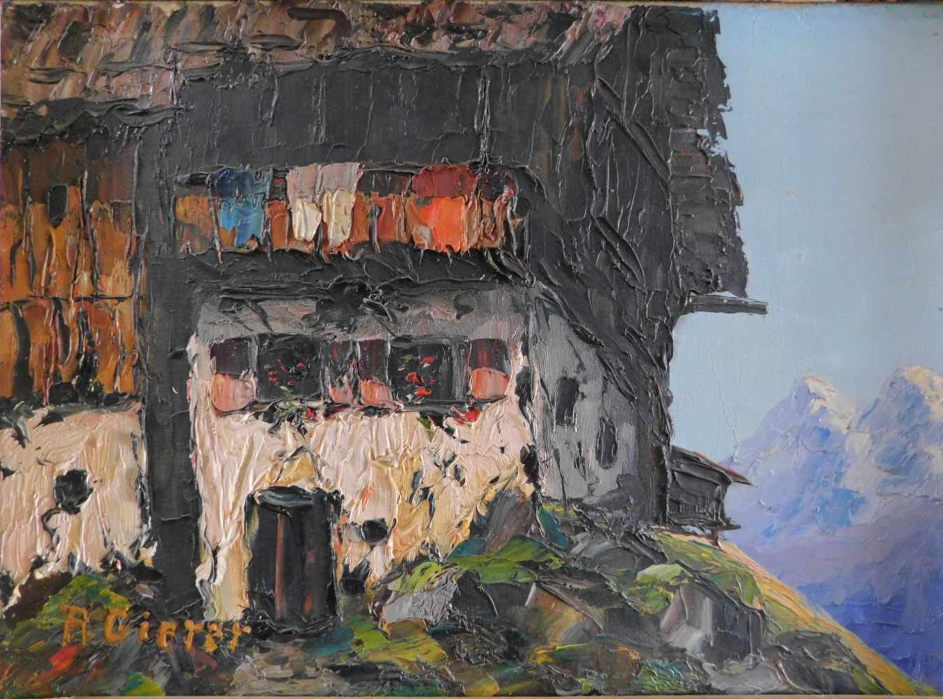 F. Gierer, Hütte am Arlberg, Öl auf Leinwand, signiert unten links, Mitte 20. Jhdt., m.R. - Image 2 of 6