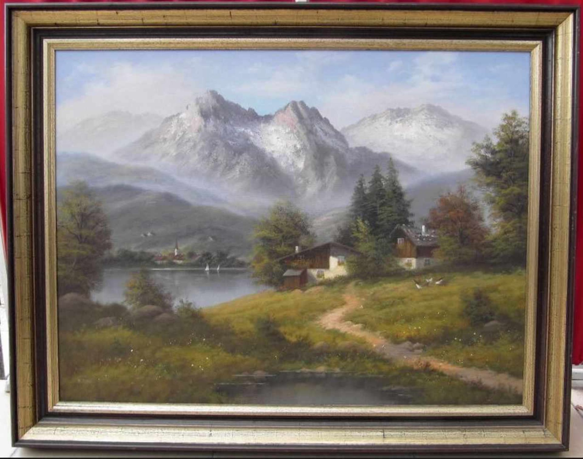 P. Paul, 2.H.20.Jhdt., Alpenpanorama mit Berghütten am See, Öl auf Leinwand, unten links signiert,