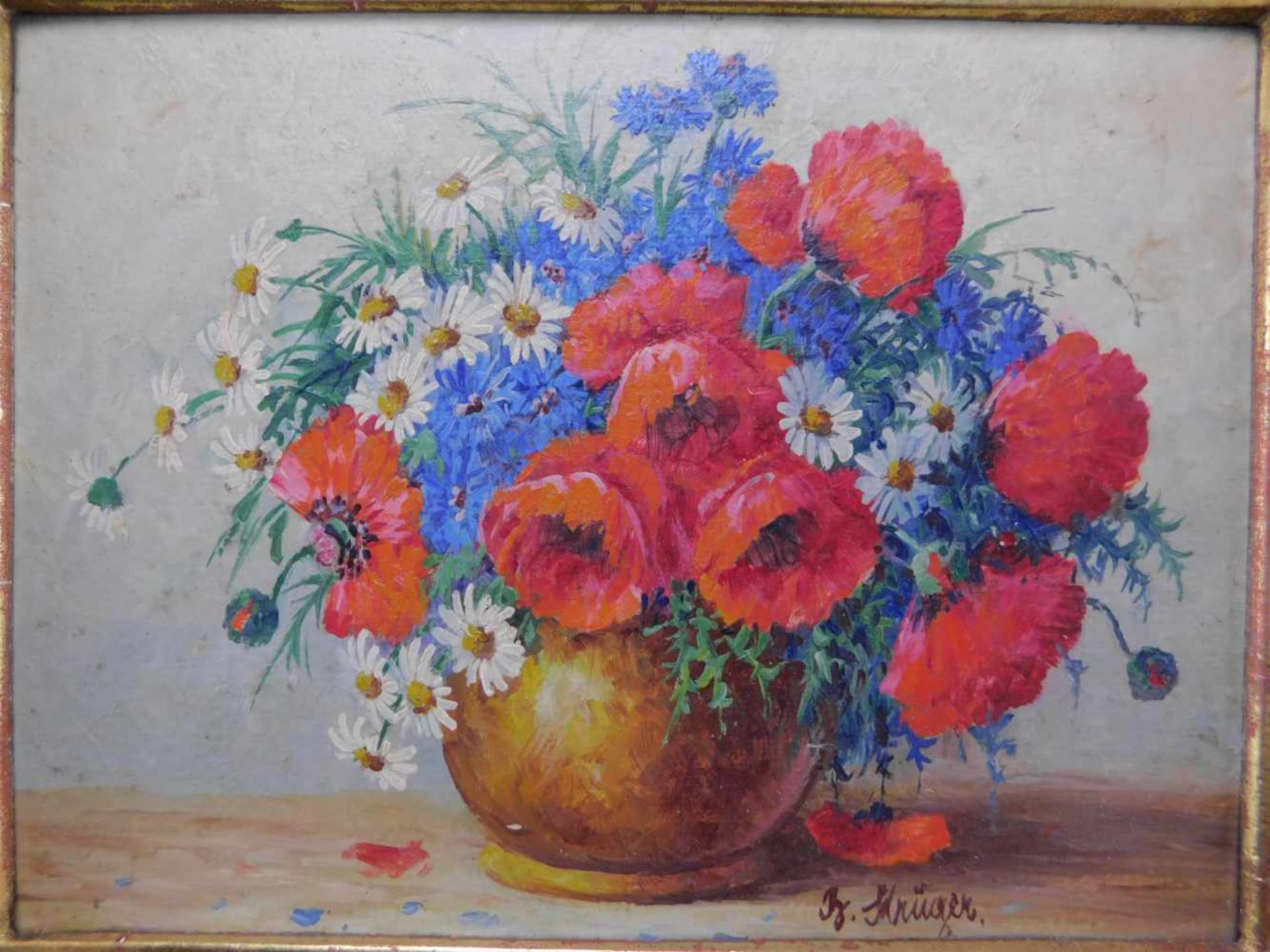 Botho Krüger, 1898 Berlin - ?, Blumenstillleben, 1. H. 20. Jhdt., Öl auf Platte, unten rechts - Bild 2 aus 4