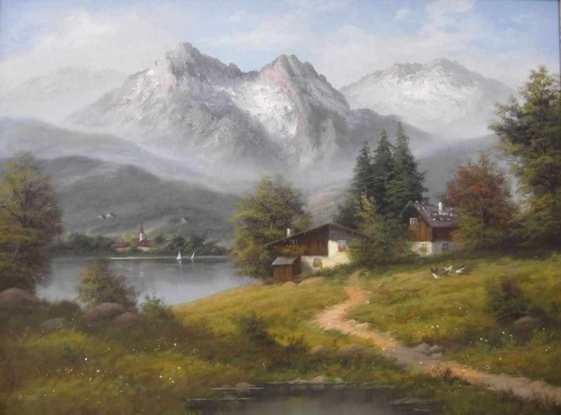 P. Paul, 2.H.20.Jhdt., Alpenpanorama mit Berghütten am See, Öl auf Leinwand, unten links signiert, - Bild 2 aus 5