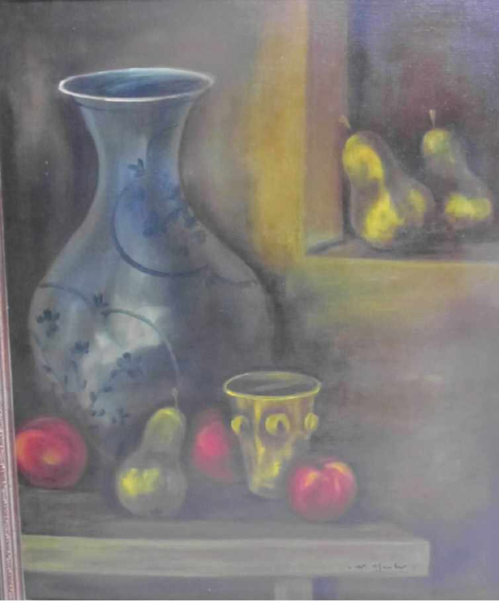 Unbek. Künstler, 2. H. 20.Jhdt, Stillleben mit Krug und Obst, Öl auf Leinwand, signiert unten - Bild 2 aus 5
