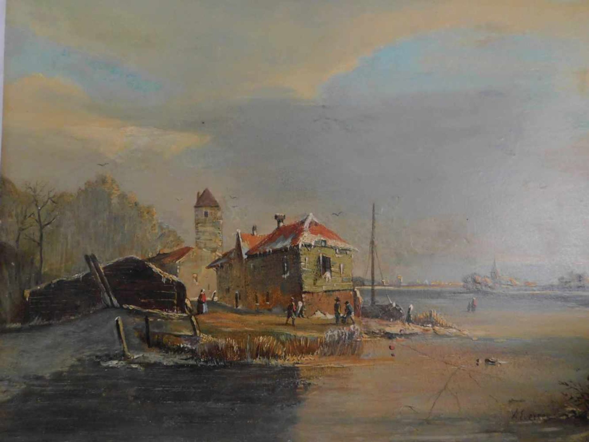 Adrianus Eversen, 1818 Amsterdam - 1897 Delft, Winterliche Flussansicht mit Häusern u. Personen, - Bild 2 aus 6