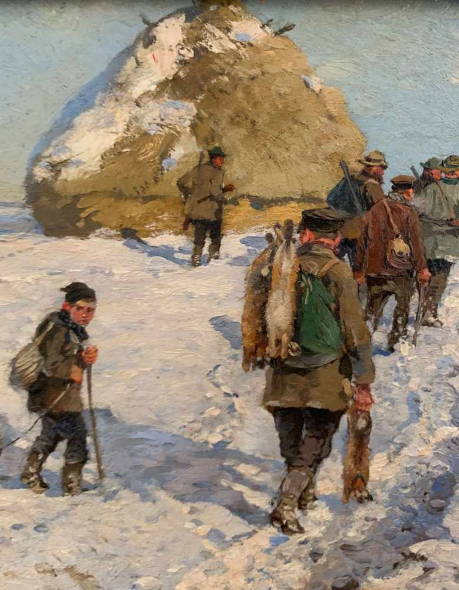 Hugo Mühlig (1854-1929). Jagd im Schnee, um 1900. Hunter in the snow. Öl auf Holz, 20 x 33 cm. - Bild 2 aus 6