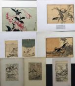 7 Holzschnitte, u.a. 2 x Morikuni (18. Jh.); Hokusai, um 1835; Kimono-Zeichnungen aus "Miyako no