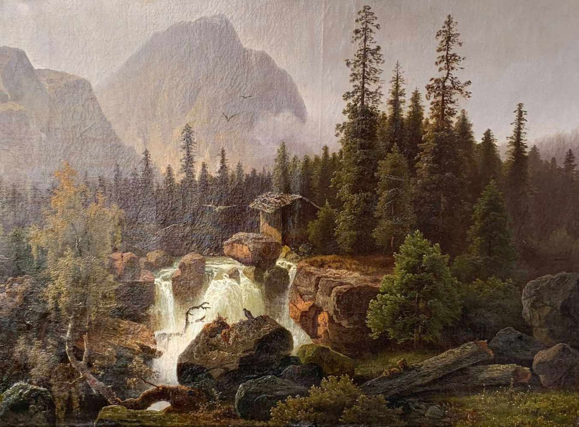 Hans THOMA (1839-1924). Landschaft mit Wasserfall / Landscape with Waterfall. Öl/Lwd, signiert, 72 x