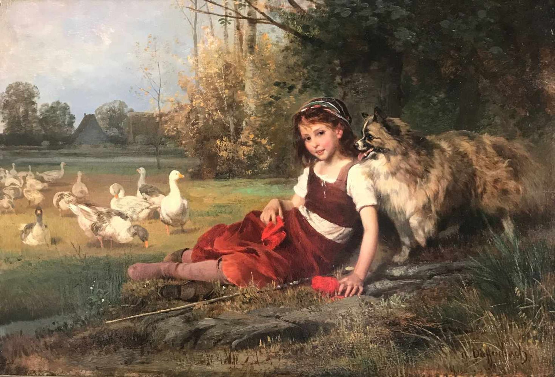Anton Heinrich Dieffenbach (1831-1914), Gänsemagd oder Gänseliesel mit Hund und Gänsen in einer
