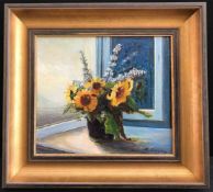 A. Deyerling, Sonnenblumen am Fenster, signiert, rücks. bez. 1941, Öl/Holz, 21 x 24 cm