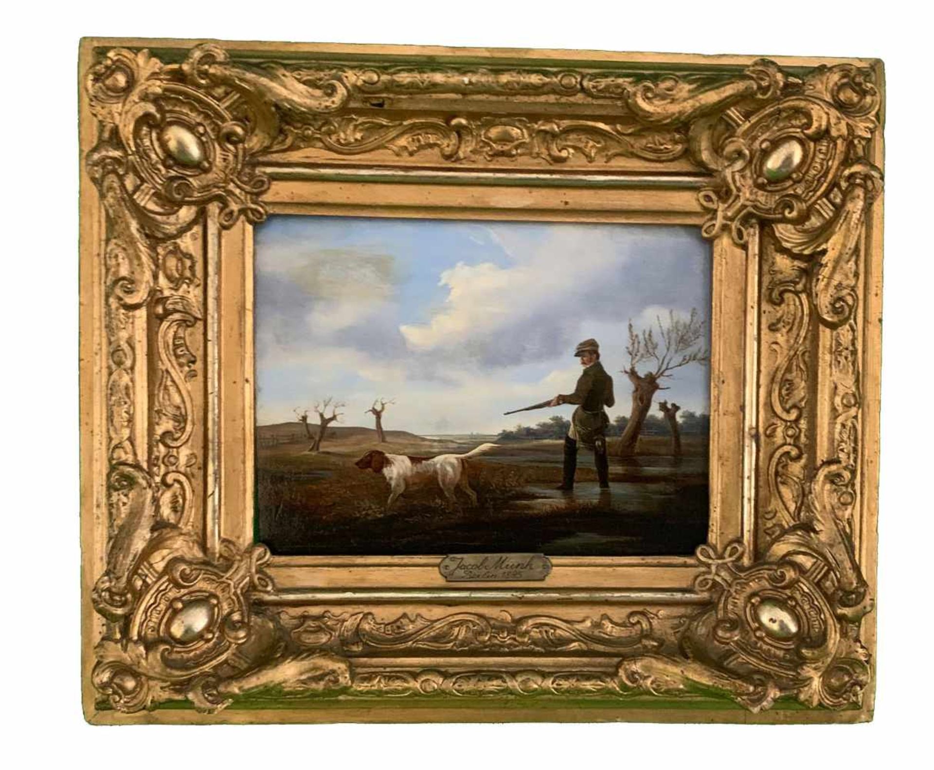 Jacob Munk (1809-1885). Jäger mit Hund. Berlin 1885. Entenjagd, Entenstrich. Öl auf Holz, 19,5 x - Bild 2 aus 3