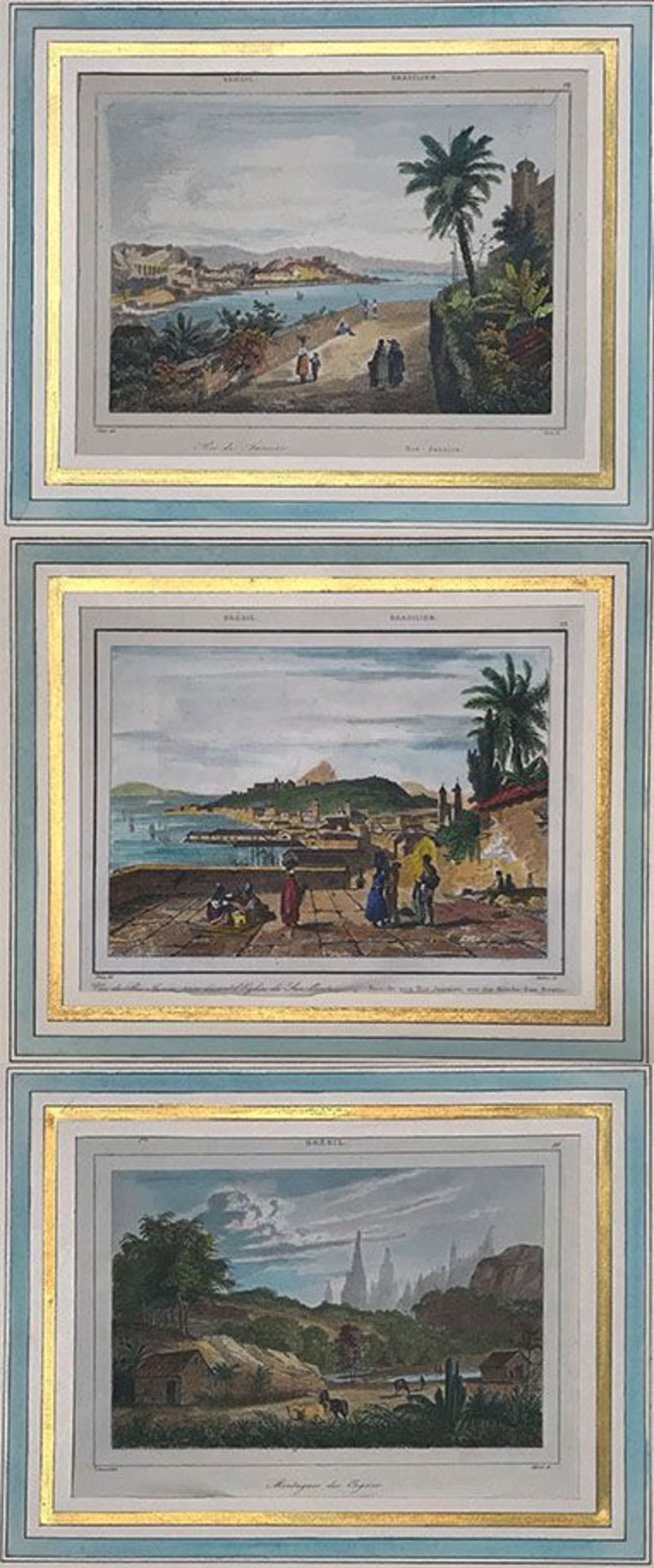 3 kolorierte Lithographien, Brasilien: Rio de Janeiro, Ansicht von Rio de Janeiro vor der Kirche San