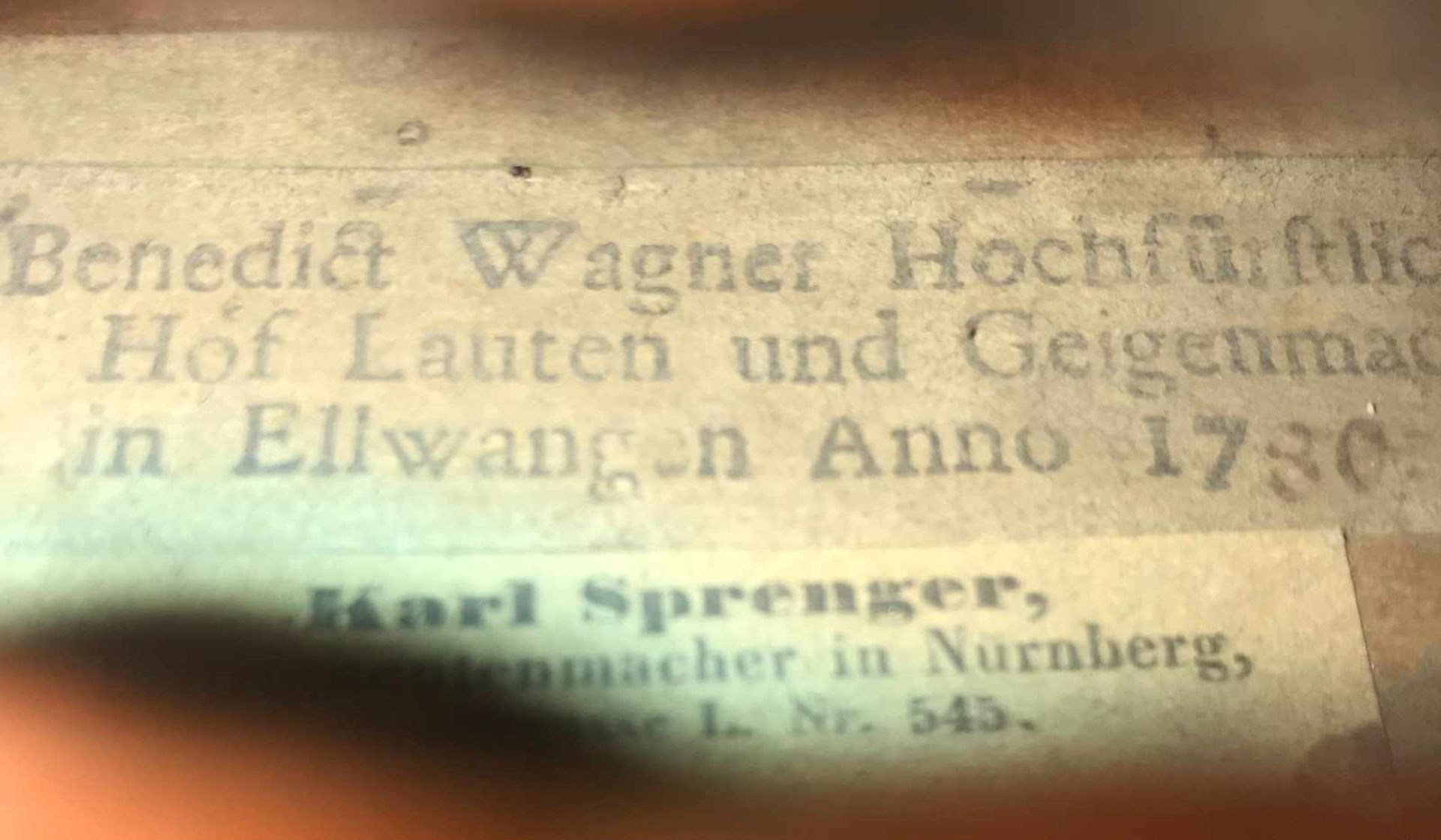 Benedikt Wagner (1720- 1796), Wellengeige, Instrument 4/4 Violine, Korpuslänge 33,3 cm. Boden aus - Image 6 of 10