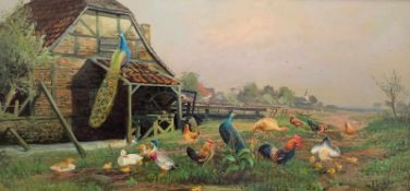 Franz von Henderichs (XIX-XX), Hühnerhof mit Hühnern, Enten, Pfau, Truthahn und vielen Küken,