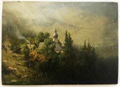 Philipp Sporrer (1829 - 1899), Landschaft mit Kirchturm in abziehender Gewitterstimmung, links im