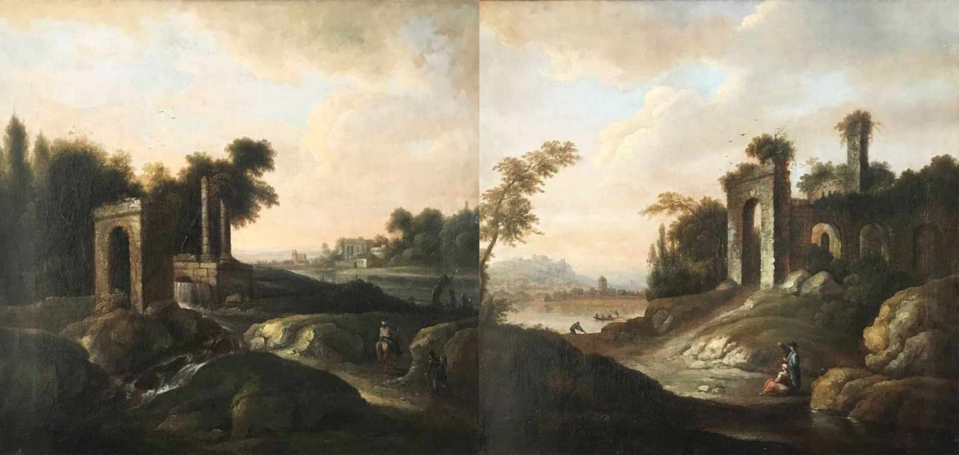 Paar italienische Landschaften, 18. Jh. Öl/Lwd. (aufgez.), 62 x 65 cm. Neben Ruinen im felsigen