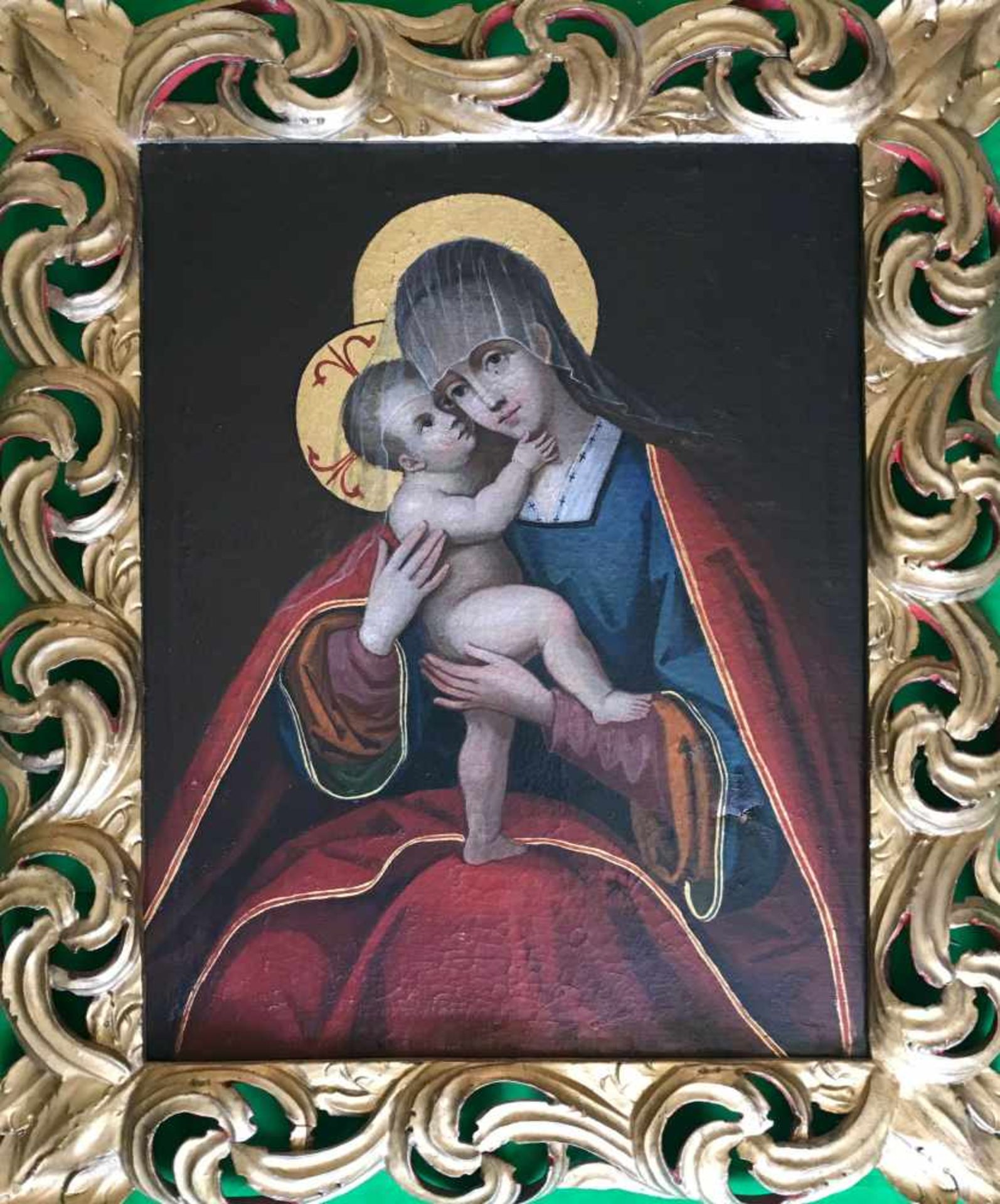 Unbekannter Künstler, 18. Jh., Madonna. Unknown artist, Virgin and child. Vor dunklem Hintergrund
