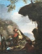 Rugendas Umkreis, um 1700, Schlachtenszene: Ein Soldat zu Pferde schießt mit Pfeil und Bogen auf