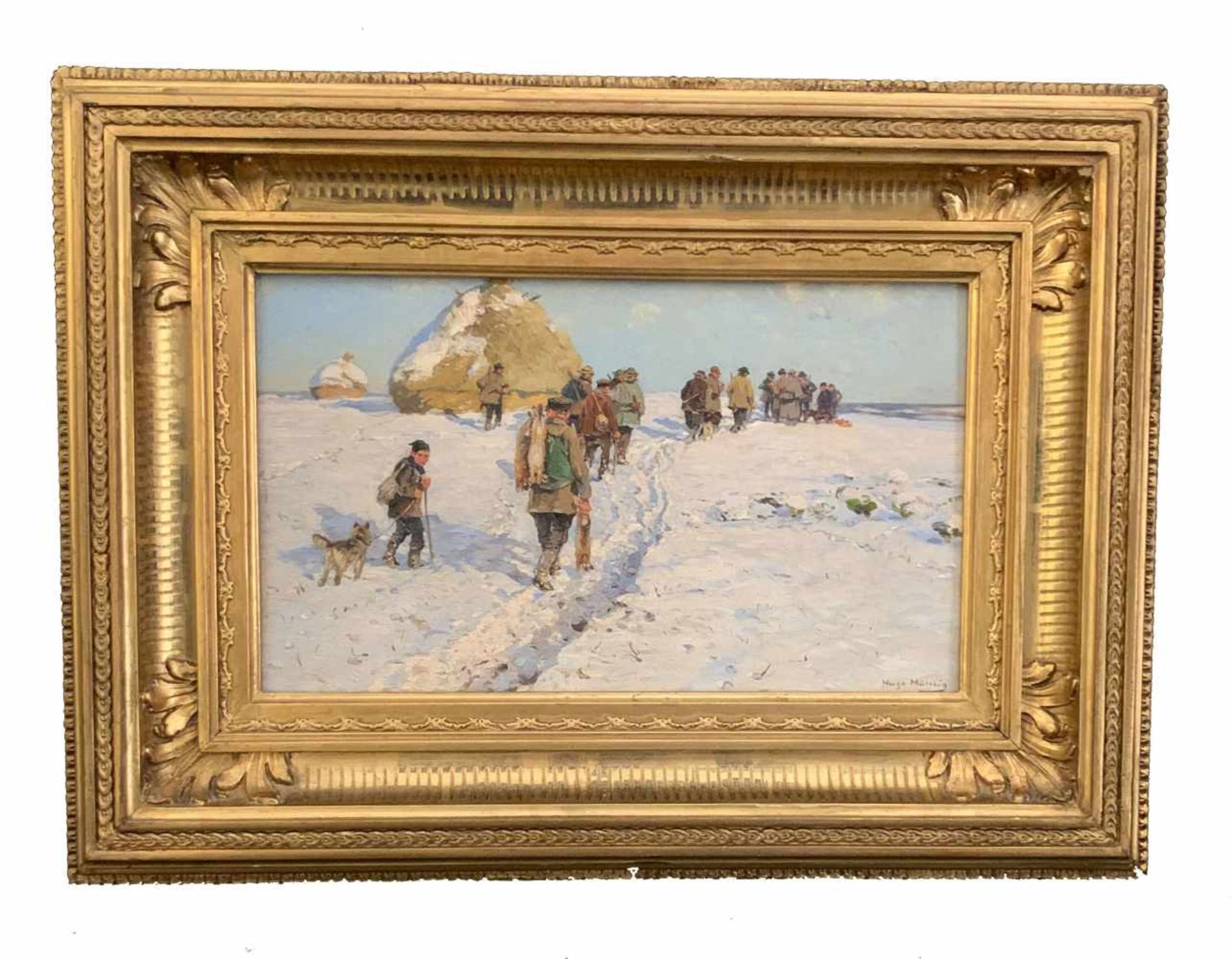 Hugo Mühlig (1854-1929). Jagd im Schnee, um 1900. Hunter in the snow. Öl auf Holz, 20 x 33 cm. - Bild 4 aus 6