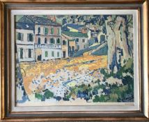 Maurice de Vlaminck, Blick durch Bäume hindurch auf eine Häuserzeile mit Restaurant an einem Weg,