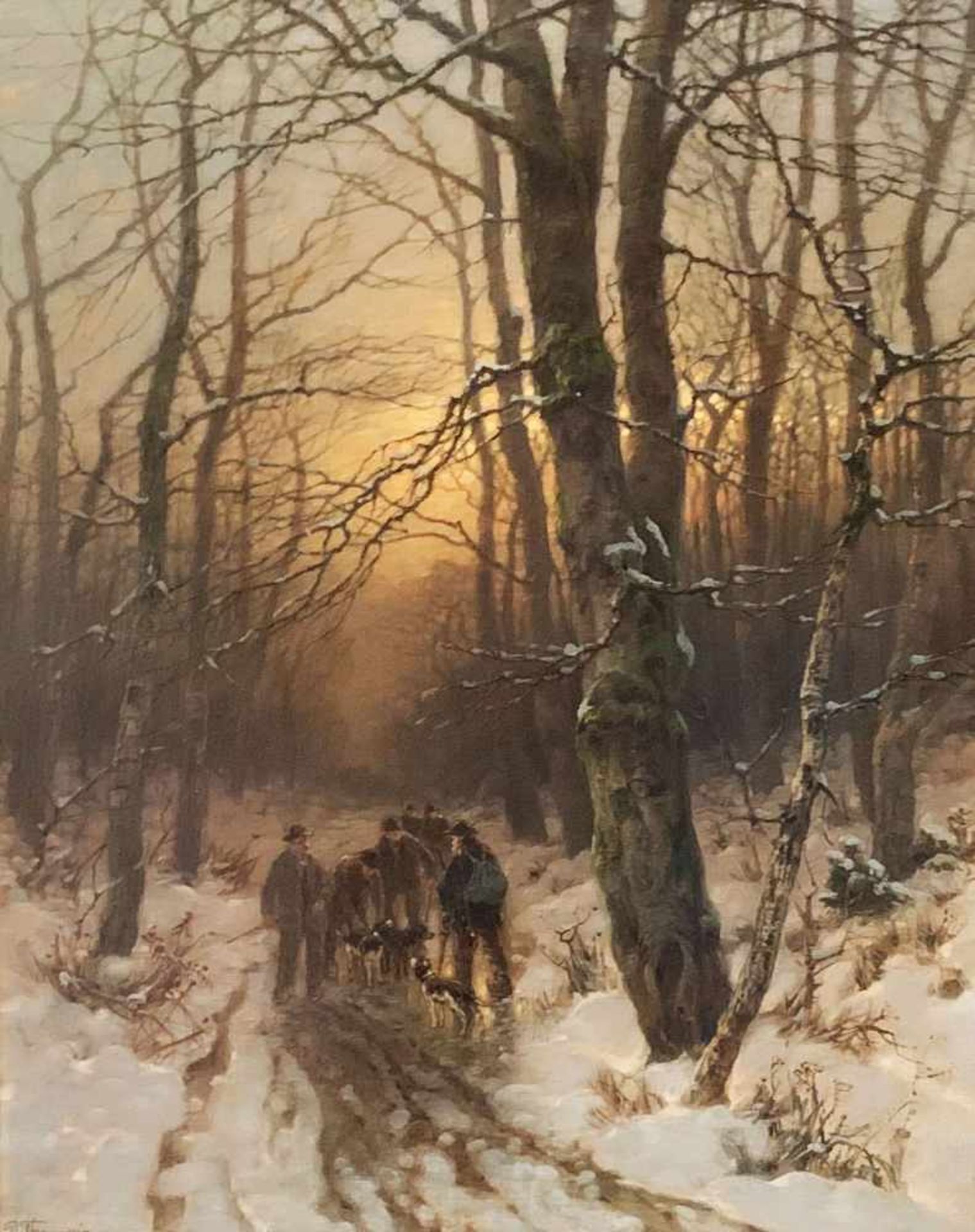 Désiré Thomassin-Renardt (1858-1933). Jäger im Morgenrot des Winterwaldes. Öl/Lwd, signiert, 60 x 48