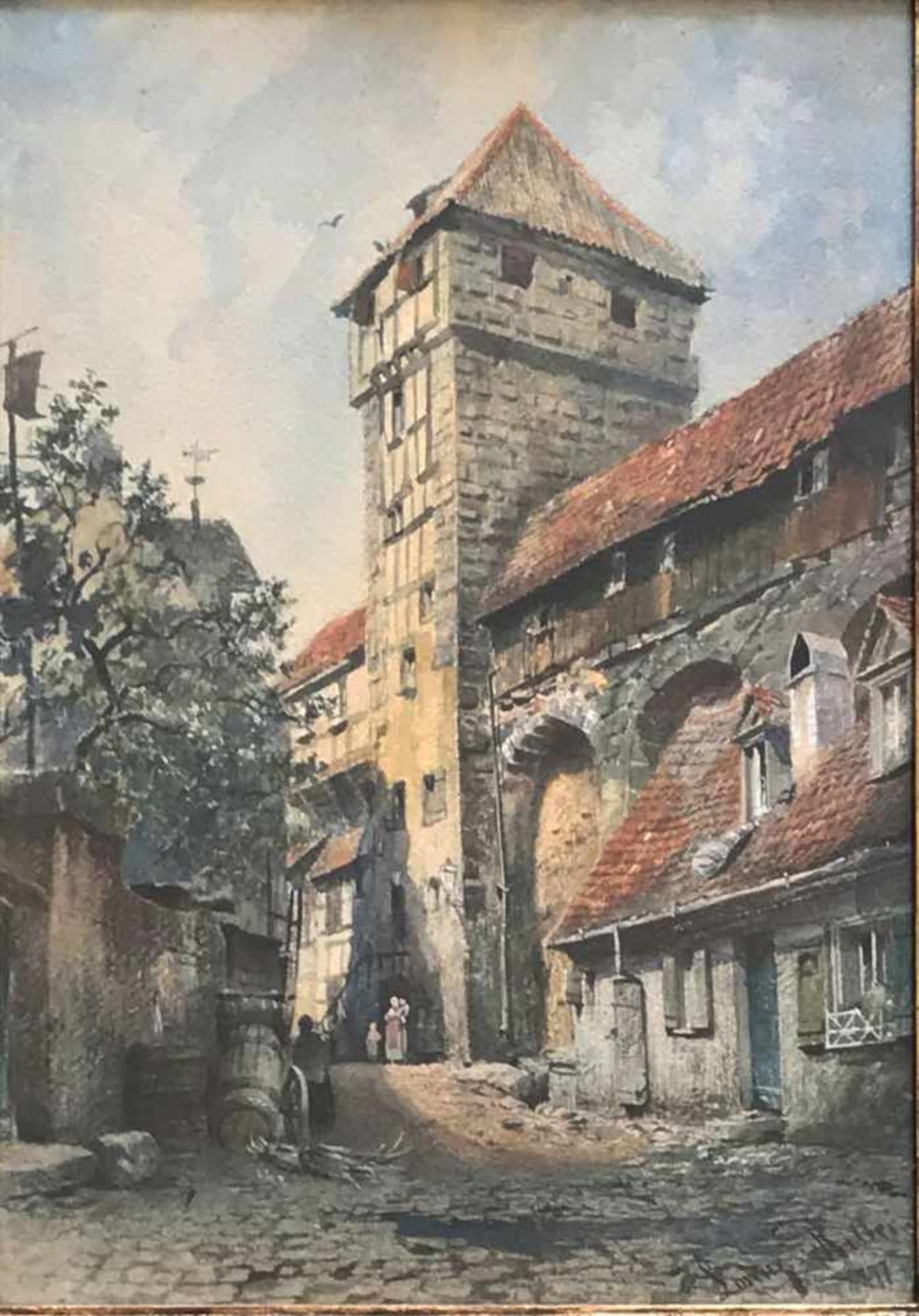 Lorenz Ritter (1832 - 1921), Nürnberg, Turm mit angrenzenden Gebäuden sowie figürlicher Staffage,