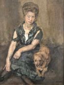 Joseph Morris Raphael (1869-1950), Portrait einer brünetten Dame mit ihrem kleinen Hund, Öl/Lwd,
