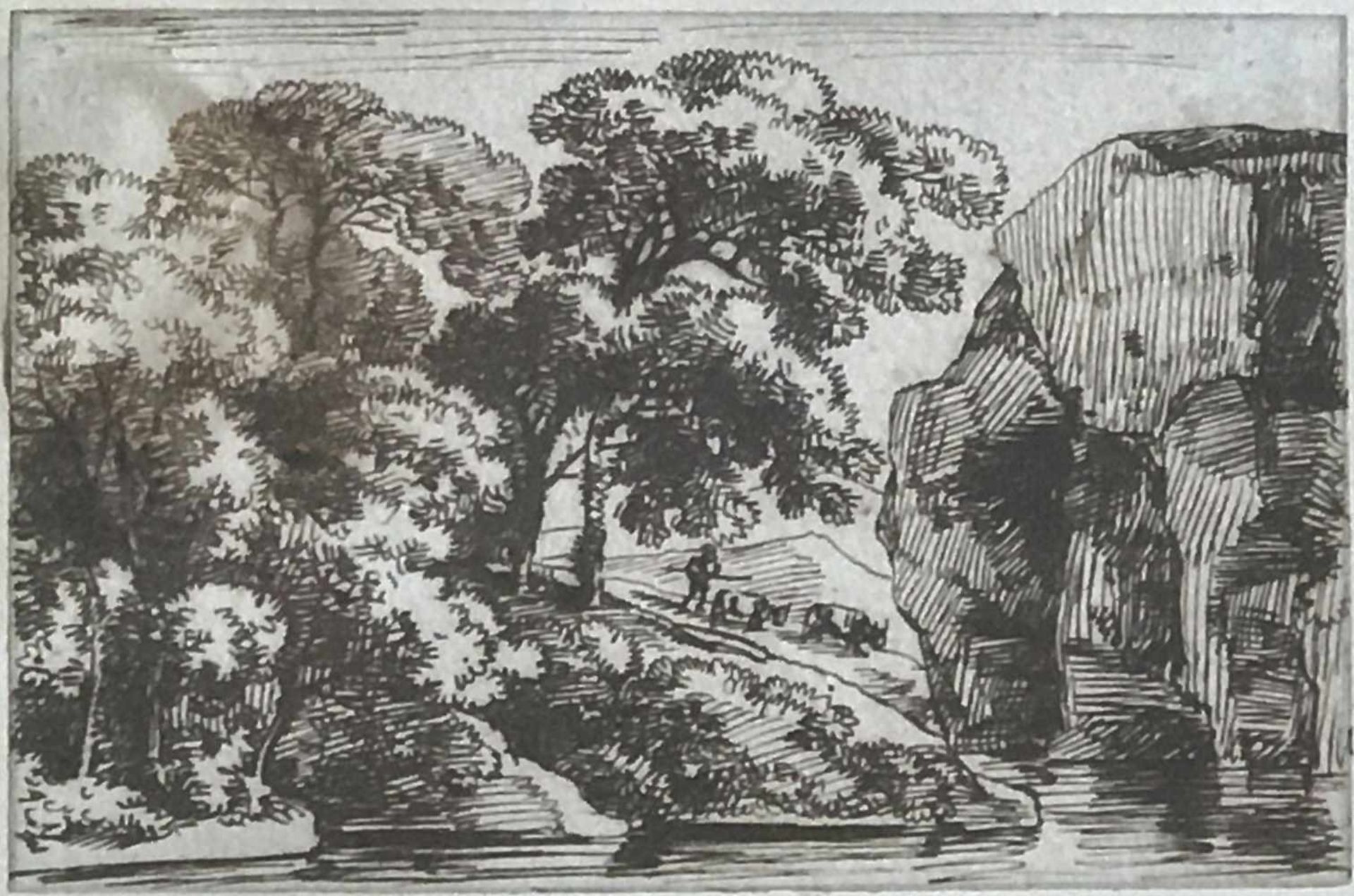 Franz Kobell (1749-1822), Landschaft am See mit hohen Felsen und Bäumen sowie einem Hirten mit