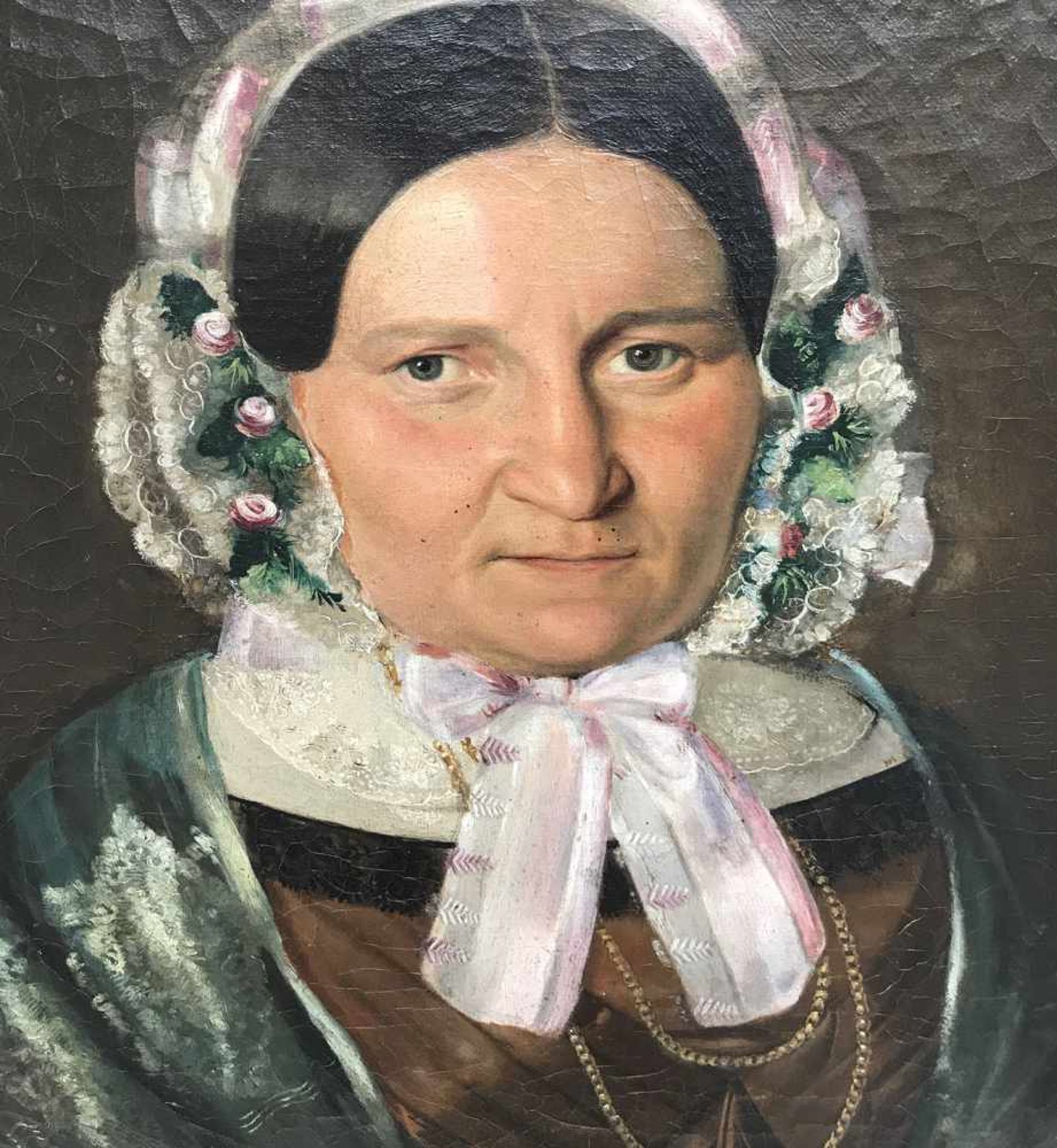Unbekannter Künstler, um 1830, Paar Biedermeier Portraits: Die Dame mit Spitzenhäubchen, der Herr - Bild 4 aus 8