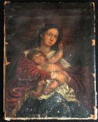 Unbekannter Künstler, 18. Jh., Maria mit Kind, Öl/Lwd. (aufgez.), beschädigt, 24 x 19 cm