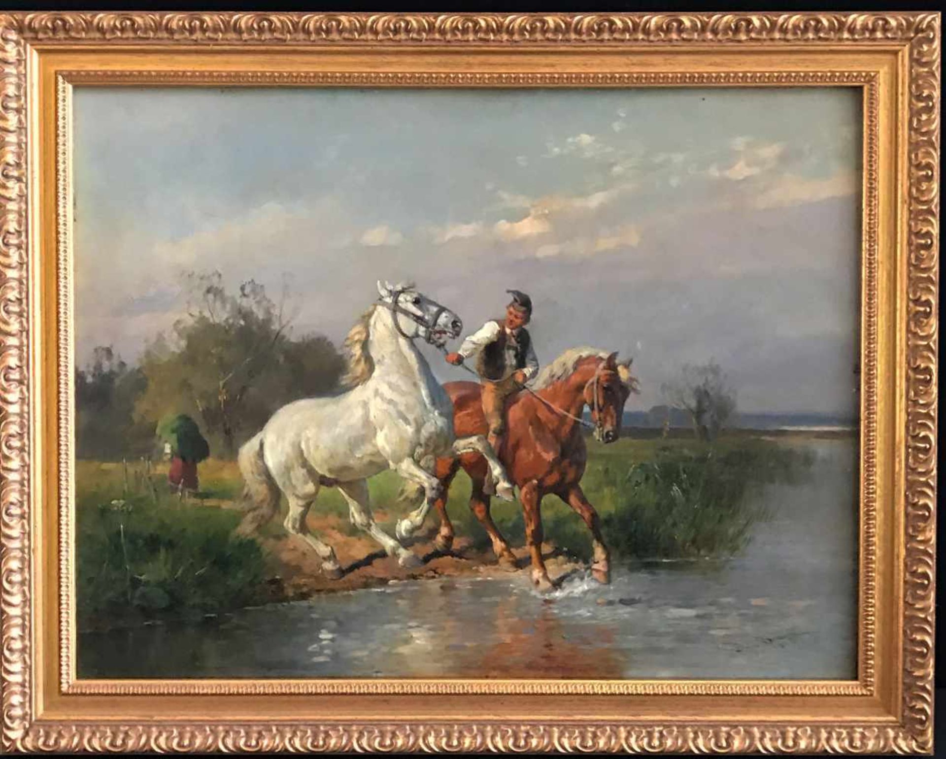 Louis Braun (1836-1916), Stallbursche mit zwei Pferden in ein Gewässer reitend, signiert und datiert - Bild 3 aus 5