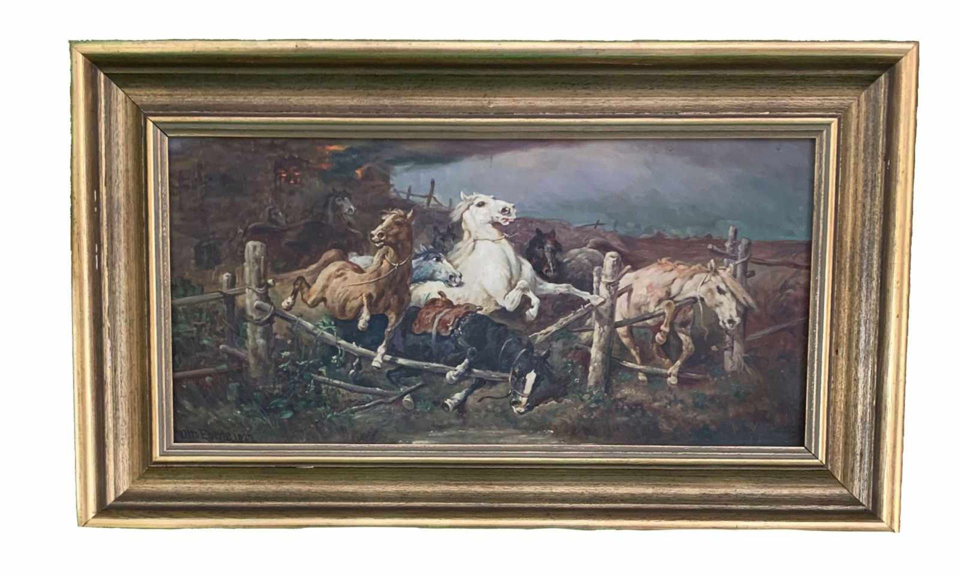 Otto Eberle. Pferde flüchten vor dem Brand. Öl/Lwd, signiert und datiert: "1927", 25,5 x 52 cm