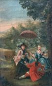 Unbekannter Maler, Ende 19. Jh. Im Vordergrund: Zwei vornehme Herren und eine Dame mit Sonnenschirm,