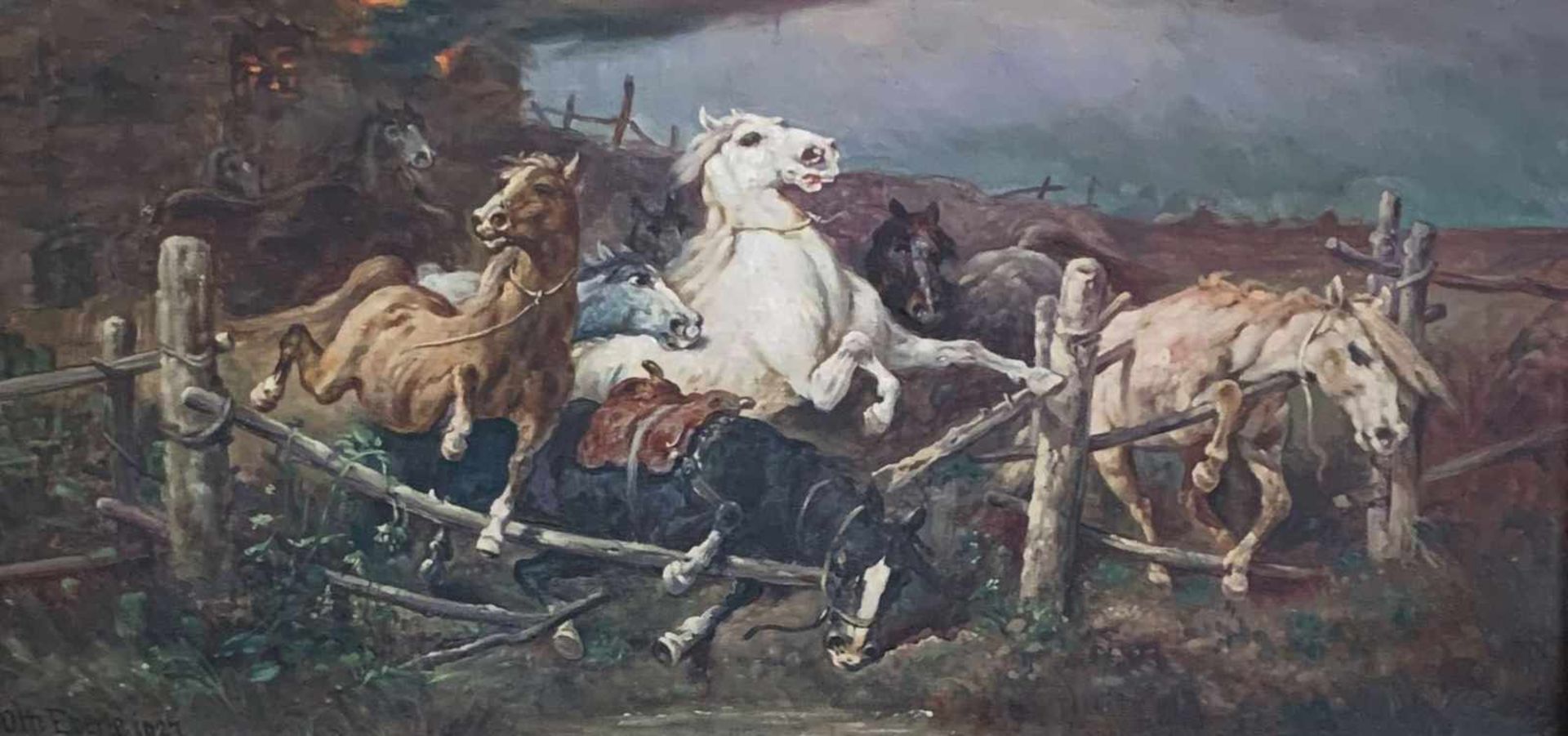 Otto Eberle. Pferde flüchten vor dem Brand. Öl/Lwd, signiert und datiert: "1927", 25,5 x 52 cm - Bild 3 aus 4