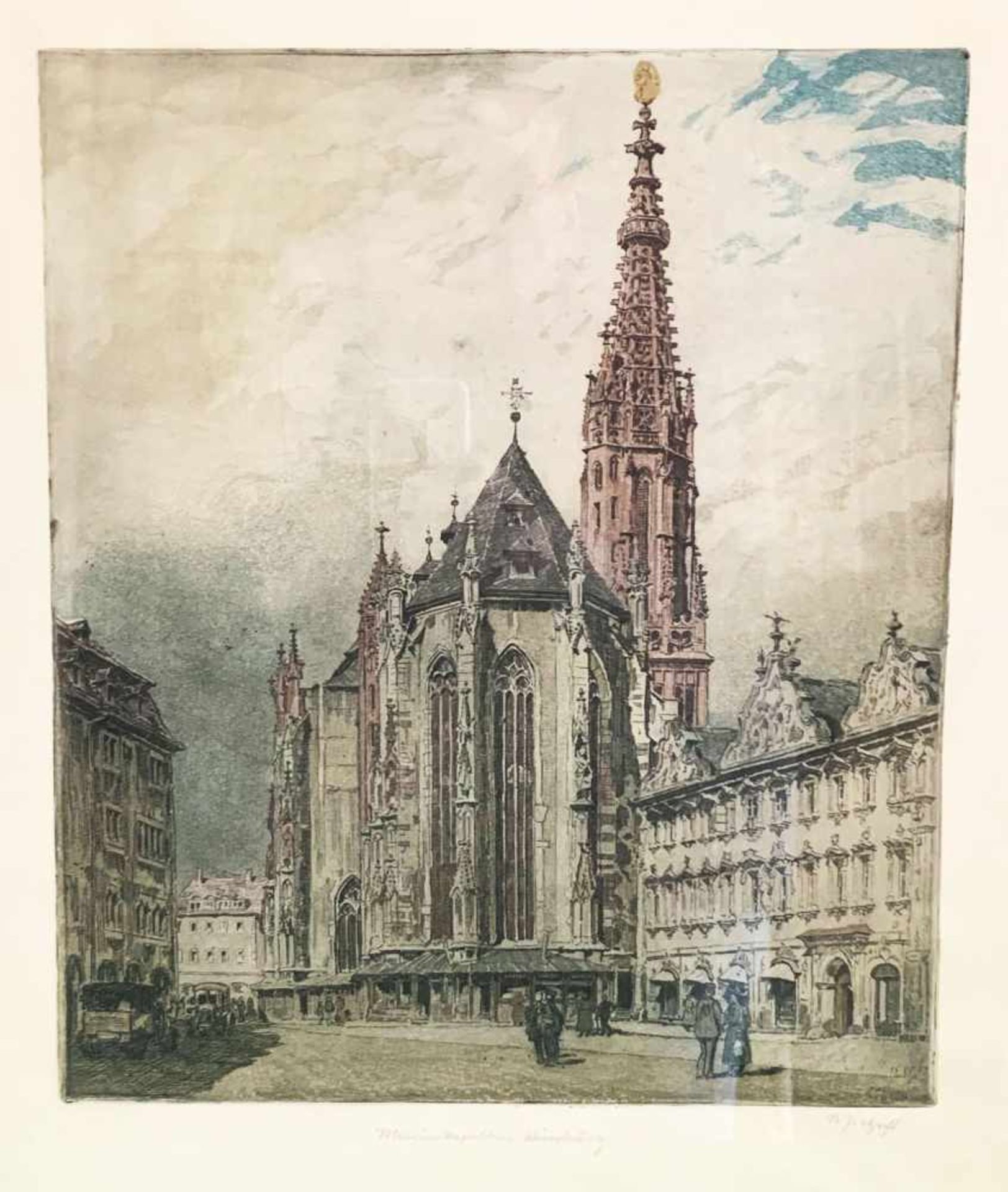 Marienkapelle in Würzburg. Grafik, signiert "Hecht" und datiert: " 15.8.43", 49 x 42 cm