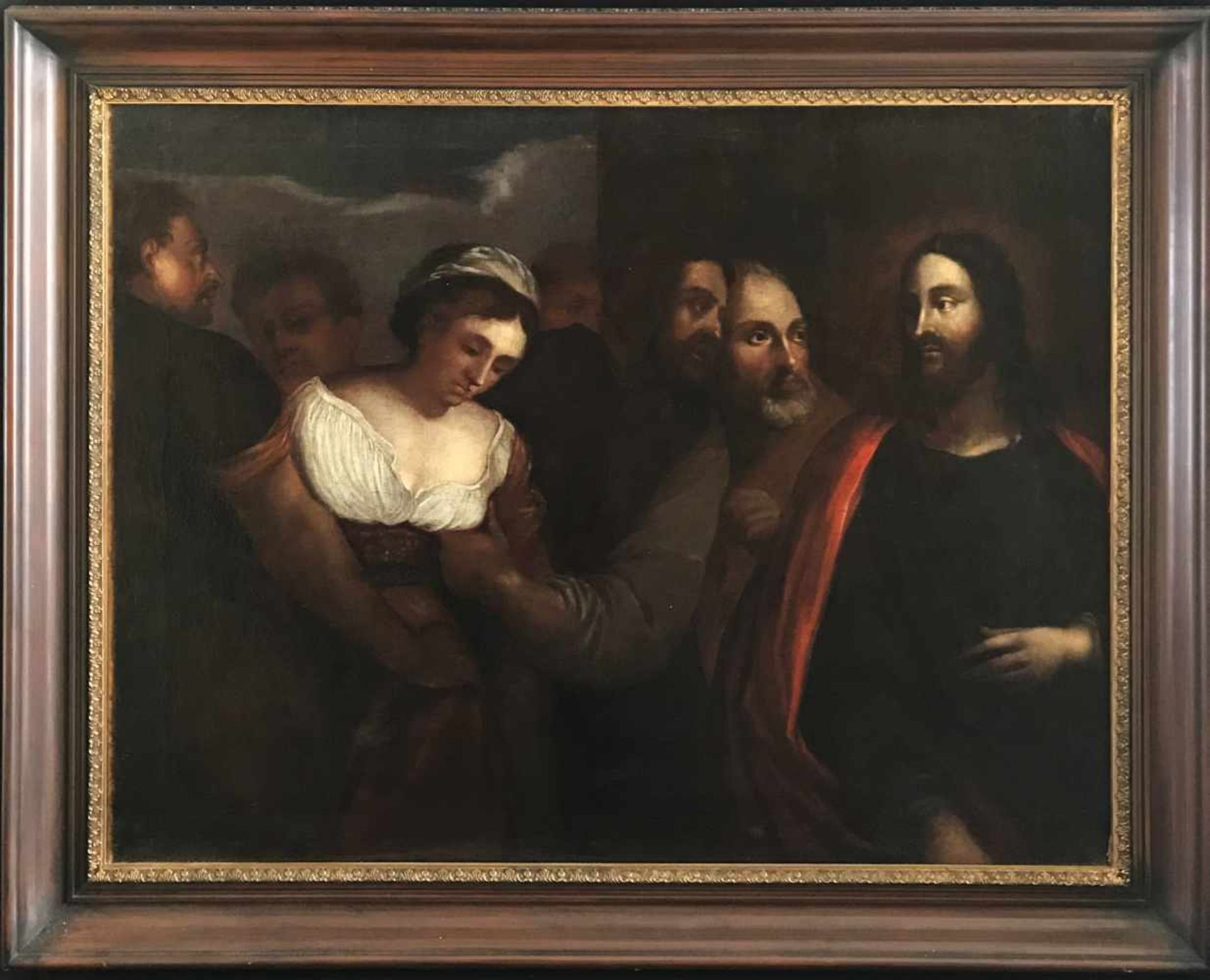 Unbekannter Künstler, Italien 17./18. Jh. Jesus und die Ehebrecherin, Öl/Lwd (aufgez., an einer - Bild 5 aus 5