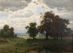 Josef Schoyerer (1844 Berching - 1923 München), Landschaft mit Teich und Bäumen, im Hintergrund