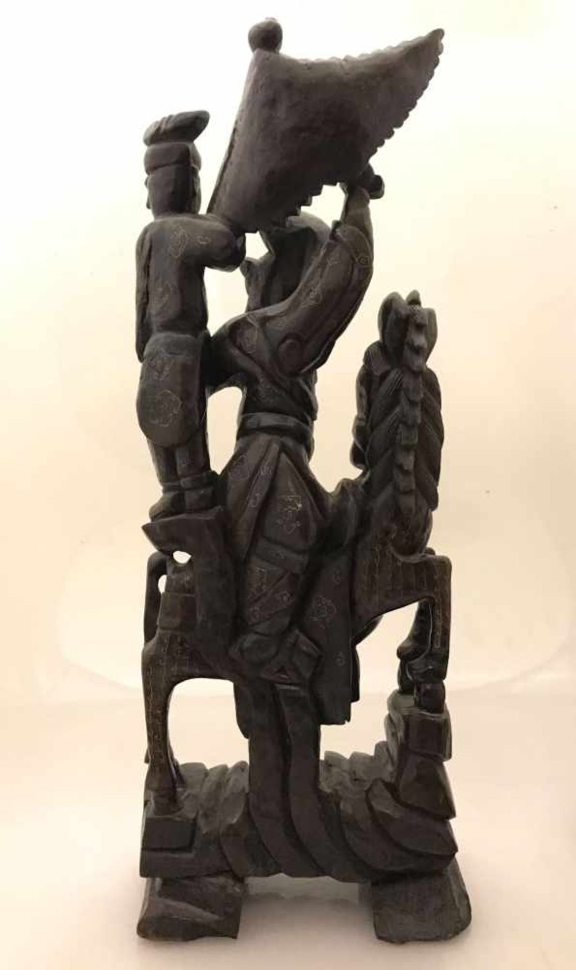 Konvolut 6 Teile Asiatika, Holz: Chinesischer Reiter, Buddha, weibliche Gottheit Guanyin, 2 - Bild 2 aus 8