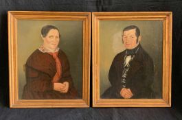 Paar Biedermeier Portraits: Vor graugrünem Hintergrund eine Frau nach links schauend und ein Herr