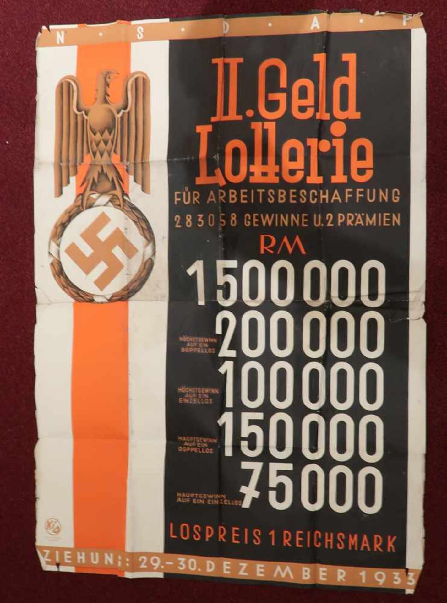 NSDAP-Plakat: 2. Geld-Lotterie, Ziehung 29-30. Dezember 1933, Original-Plakat. Altersspuren, 116 x