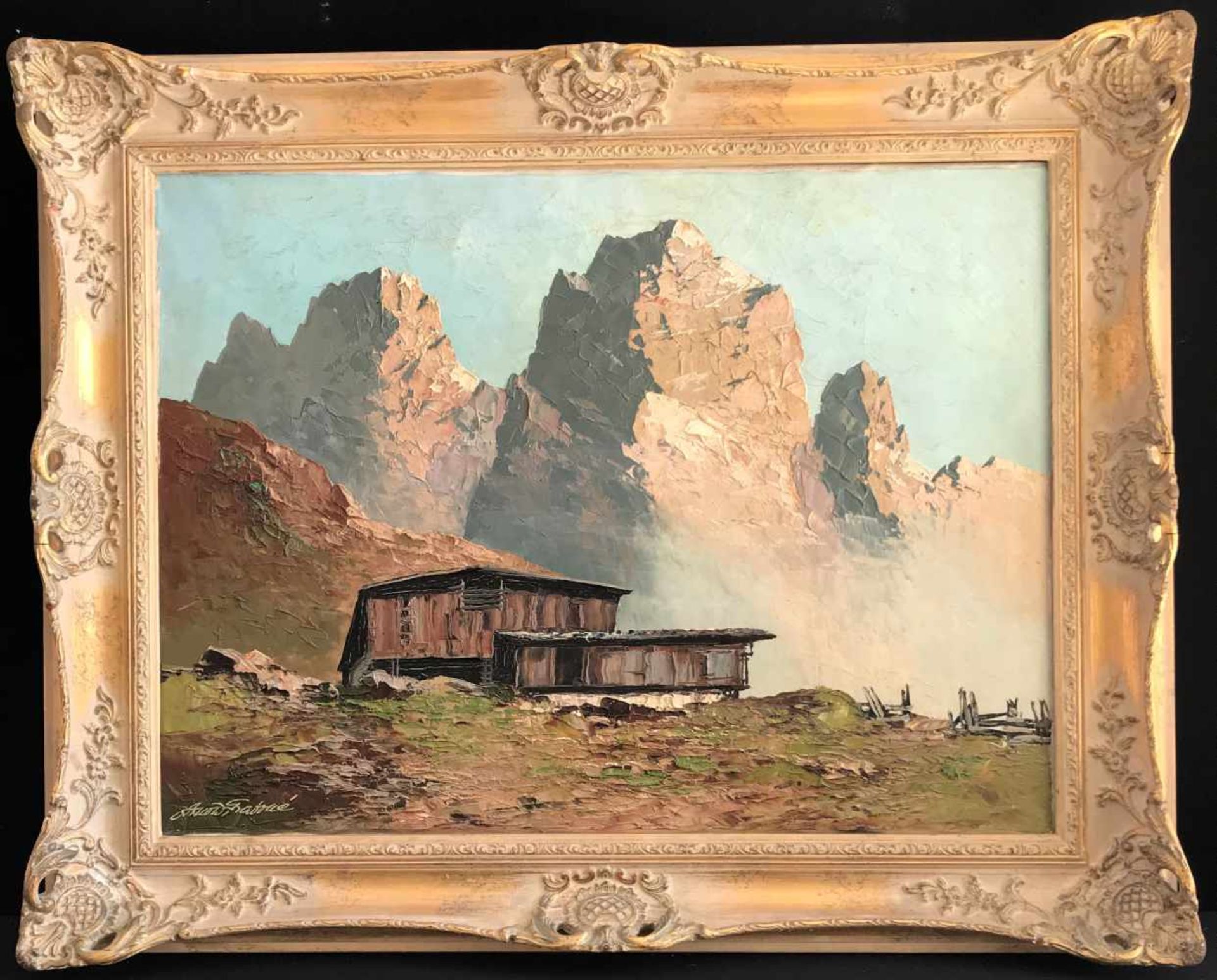 Georg Arnold-Graboné (1896-1982), Landschaft in den Bergen mit Almhütte und hohen Gipfeln im - Bild 5 aus 5